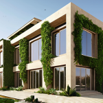 **

*   A futuristic, eco-friendly Arabic home seamlessly integrated with nature. Lush vertical gardens adorn the exterior, solar panels gleam on the roof, and natural light floods through large windows. The overall aesthetic is modern yet reflects traditional Arabic design elements. The home appears self-sufficient and harmonious with its surroundings, showcasing sustainability.

**