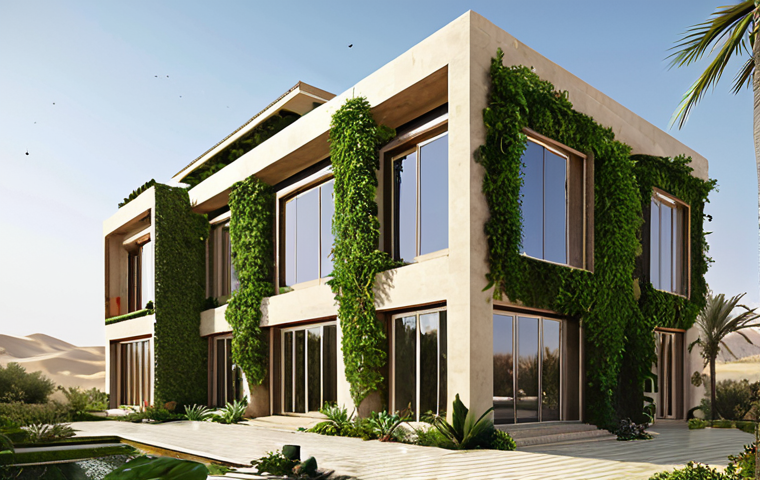 **
* A futuristic, eco-friendly Arabic home seamlessly integrated with nature. Lush vertical gardens adorn the exterior, solar panels gleam on the roof, and natural light floods through large windows. The overall aesthetic is modern yet reflects traditional Arabic design elements. The home appears self-sufficient and harmonious with its surroundings, showcasing sustainability.
**