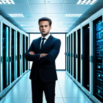 A skilled cybersecurity professional, fully clothed in a modest, dark business suit, standing confidently in a futuristic, secure server room. The professional is looking directly at the viewer with a vigilant, focused expression. One hand gently rests on a large holographic display showing complex, abstract data patterns and secure network connections, representing advanced encryption and AI threat detection. The server room is sleek and modern with subtle blue and green lighting emanating from server racks, creating a sophisticated, high-tech atmosphere. High-resolution digital art, professional photography style, sharp focus, vibrant colors, perfect anatomy, correct proportions, natural pose, well-formed hands, proper finger count, natural body proportions, safe for work, appropriate content, fully clothed, professional, modest clothing.