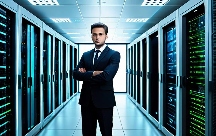 A skilled cybersecurity professional, fully clothed in a modest, dark business suit, standing confidently in a futuristic, secure server room. The professional is looking directly at the viewer with a vigilant, focused expression. One hand gently rests on a large holographic display showing complex, abstract data patterns and secure network connections, representing advanced encryption and AI threat detection. The server room is sleek and modern with subtle blue and green lighting emanating from server racks, creating a sophisticated, high-tech atmosphere. High-resolution digital art, professional photography style, sharp focus, vibrant colors, perfect anatomy, correct proportions, natural pose, well-formed hands, proper finger count, natural body proportions, safe for work, appropriate content, fully clothed, professional, modest clothing.