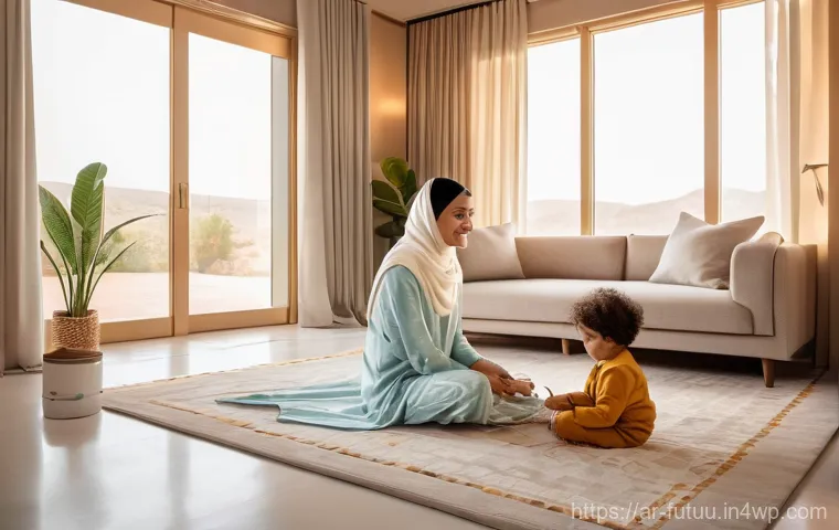 스마트 시티와 주거 환경의 상관관계 - **Prompt:** A serene morning scene inside a luxurious, contemporary Arabic smart home. The focal poi...