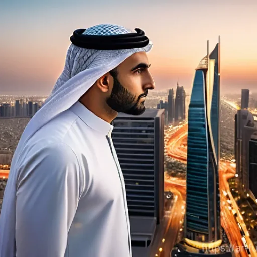 주거 공간의 변화  대도시와 소도시 비교 - **Big City Ambition:**
    A vibrant, wide-angle shot of a modern, bustling Arab metropolis at sunse...