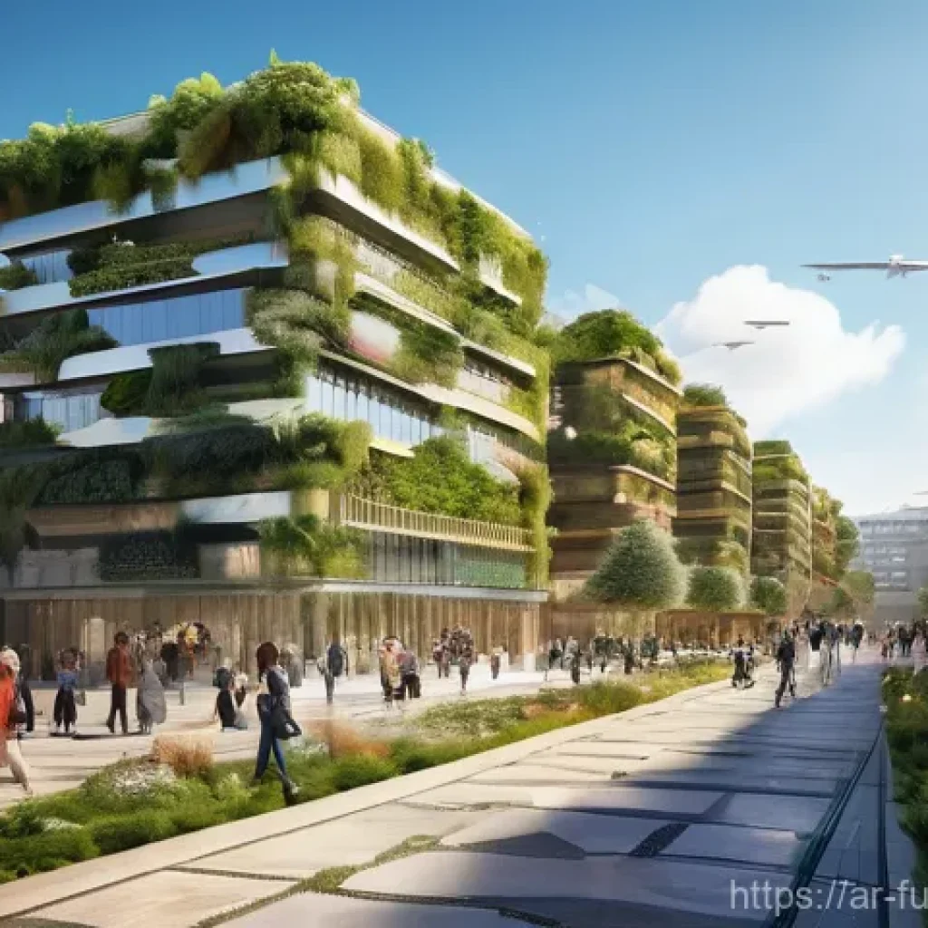 주거 혁신을 위한 글로벌 협력 사례 - **Prompt:** A vibrant, futuristic smart city nestled in a warm, sunny landscape, designed with susta...