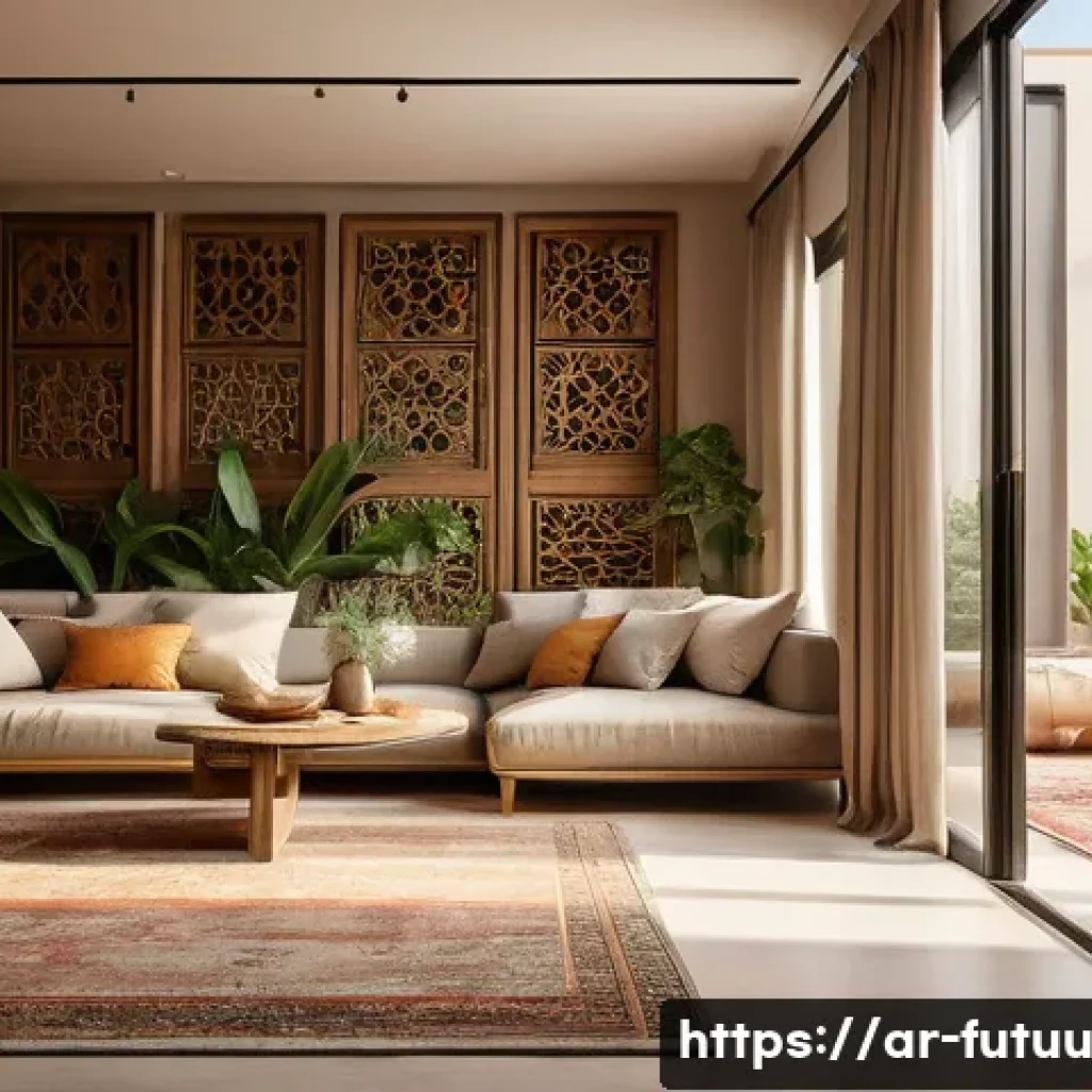 자원 순환을 통한 주거 혁신 모델 - A modern sustainable home interior in an Arabic cultural setting, featuring smart space planning wit...