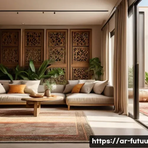 Home 32 자원 순환을 통한 주거 혁신 모델 - A modern sustainable home interior in an Arabic cultural setting, featuring smart space planning wit...