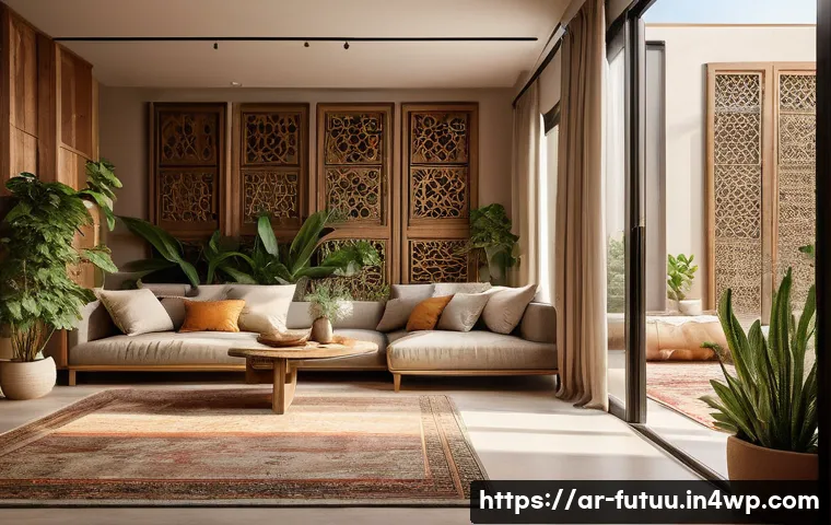 자원 순환을 통한 주거 혁신 모델 - A modern sustainable home interior in an Arabic cultural setting, featuring smart space planning wit...