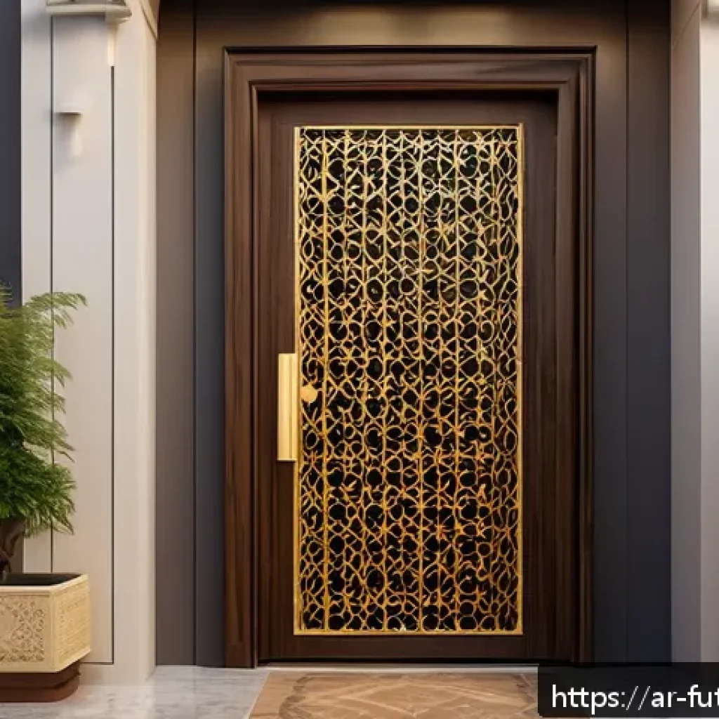 스마트 홈의 보안 시스템 최신 트렌드 - A modern Middle Eastern home entrance featuring a sleek smart fingerprint and facial recognition loc...
