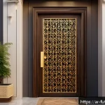 Home 23 스마트 홈의 보안 시스템 최신 트렌드 - A modern Middle Eastern home entrance featuring a sleek smart fingerprint and facial recognition loc...