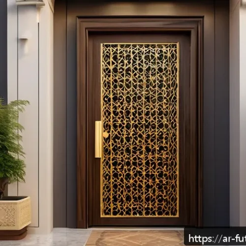 Home 17 스마트 홈의 보안 시스템 최신 트렌드 - A modern Middle Eastern home entrance featuring a sleek smart fingerprint and facial recognition loc...