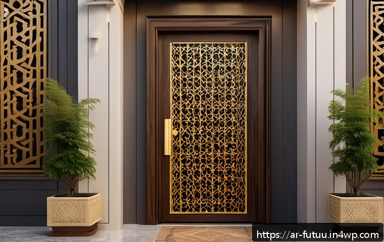 스마트 홈의 보안 시스템 최신 트렌드 - A modern Middle Eastern home entrance featuring a sleek smart fingerprint and facial recognition loc...